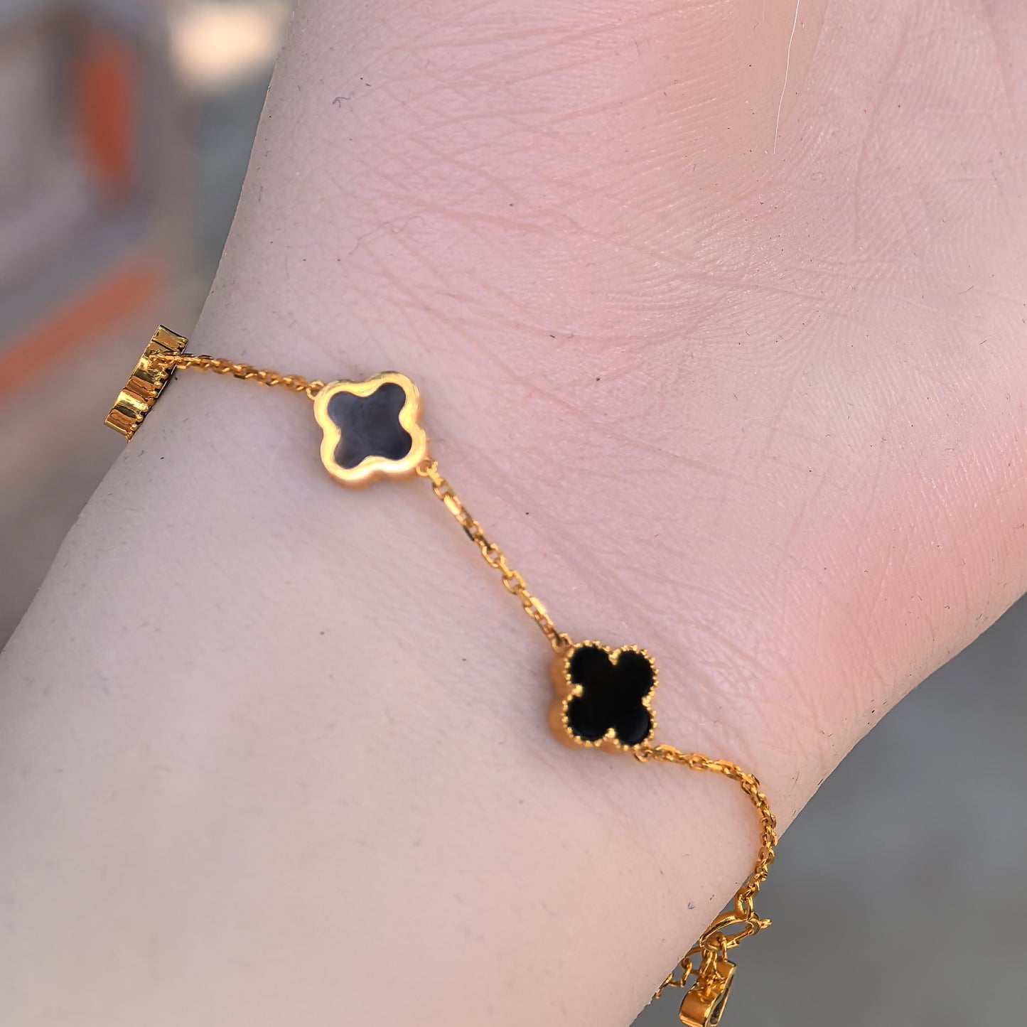 Natural Grade-A 18K Gold-Set Ink Jadeite Clover Bracelet ·Burmese Jade