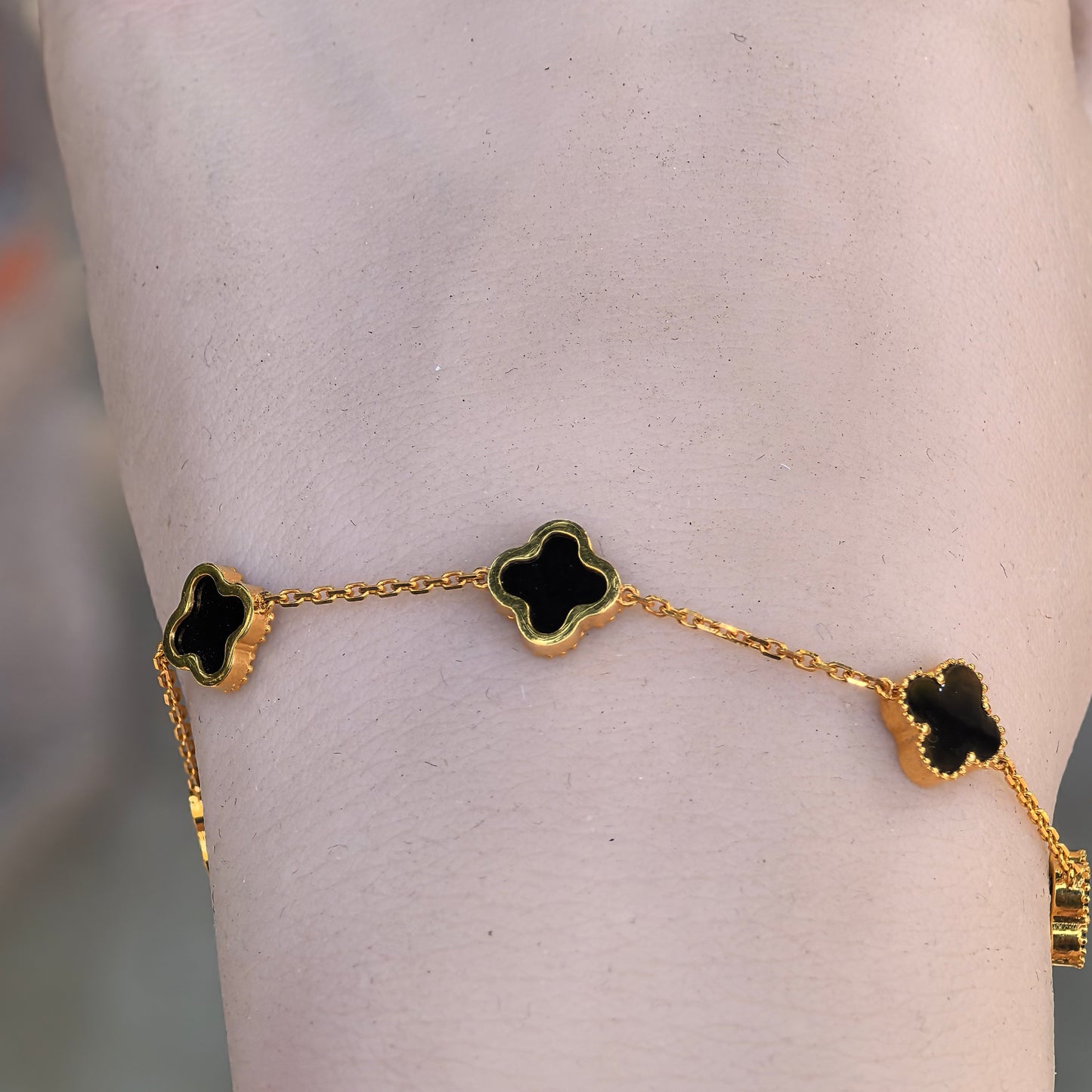 Natural Grade-A 18K Gold-Set Ink Jadeite Clover Bracelet ·Burmese Jade