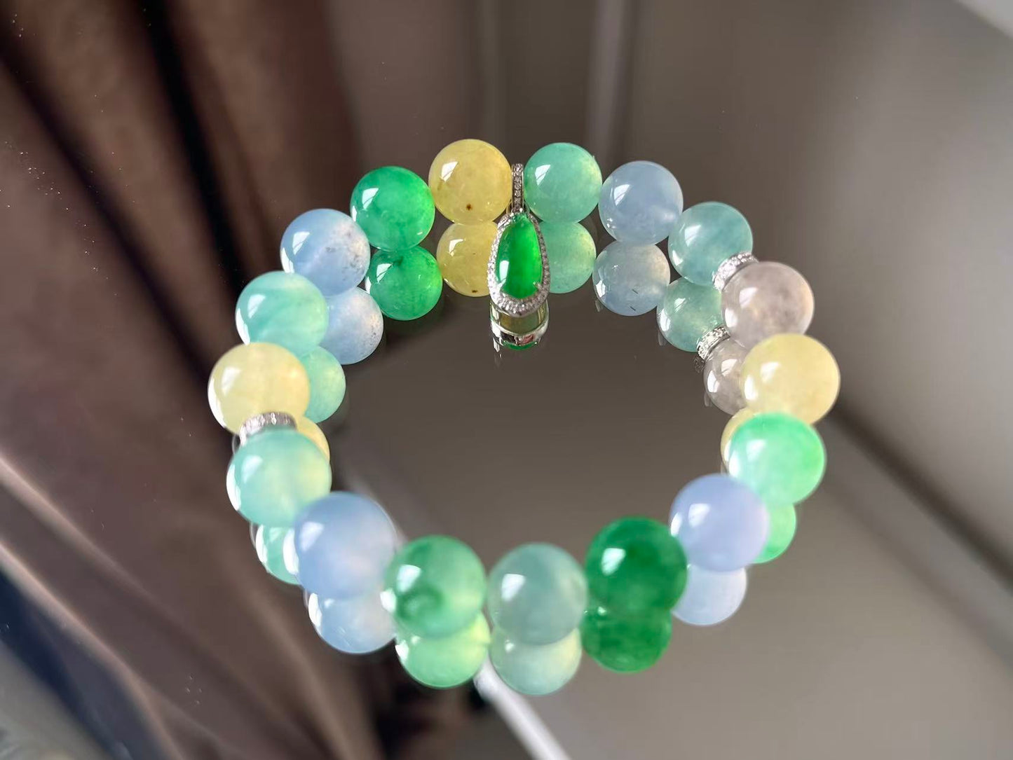 Natural Grade-A Jadeite Multicolor Beaded Bracelet with Green Jadeite Drop Pendant – Burmese Jade, 18K Gold Setting