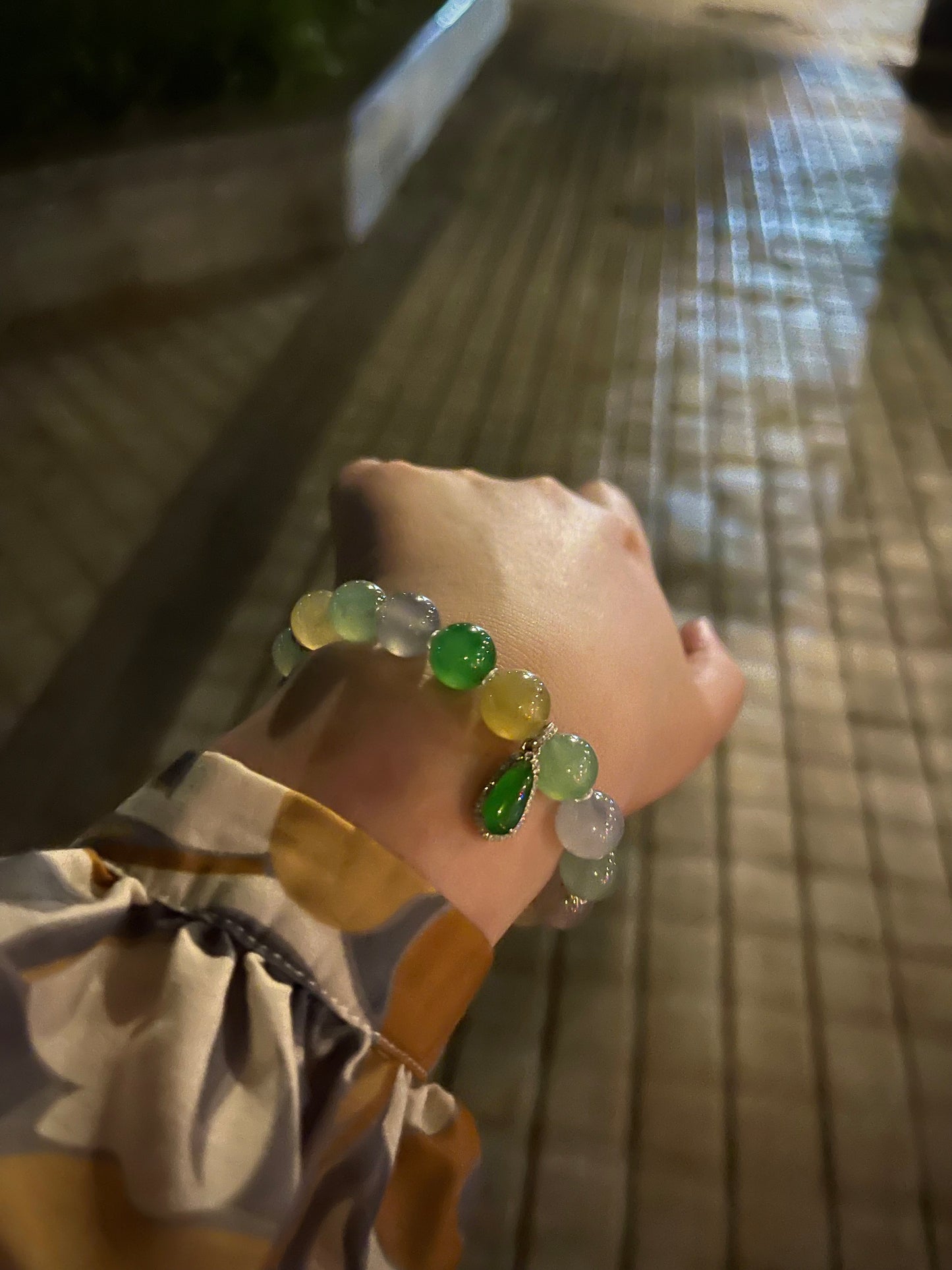 Natural Grade-A Jadeite Multicolor Beaded Bracelet with Green Jadeite Drop Pendant – Burmese Jade, 18K Gold Setting