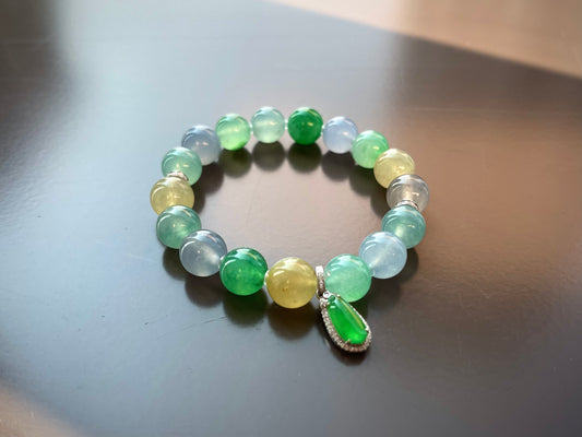 Natural Grade-A Jadeite Multicolor Beaded Bracelet with Green Jadeite Drop Pendant – Burmese Jade, 18K Gold Setting