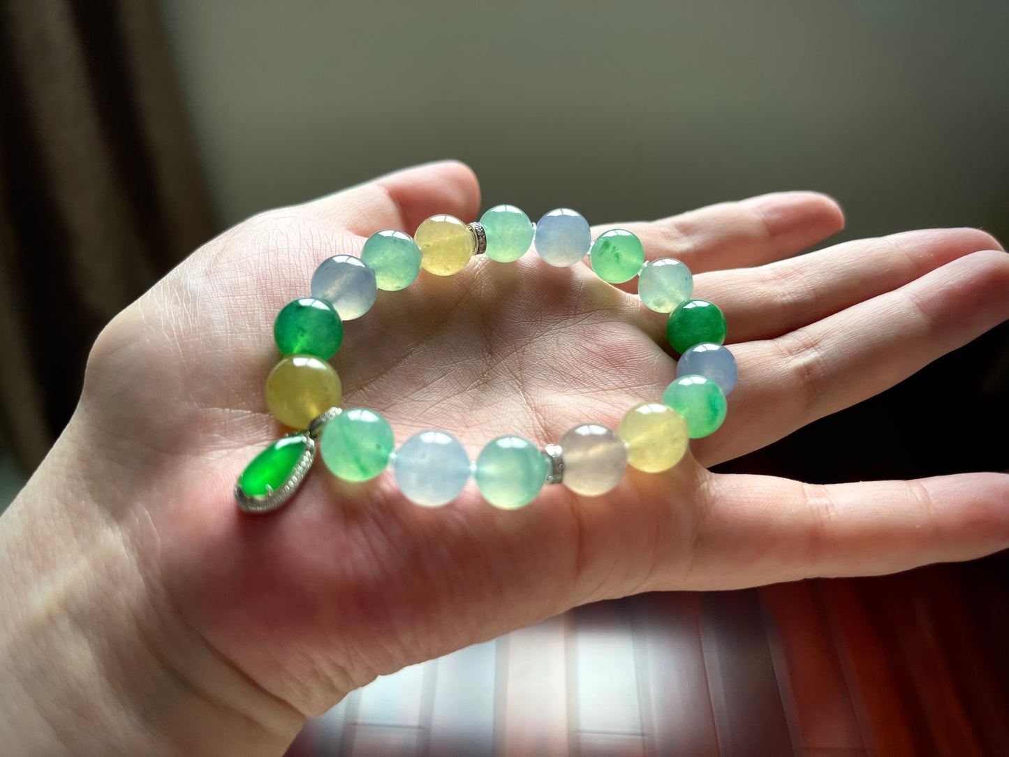 Natural Grade-A Jadeite Multicolor Beaded Bracelet with Green Jadeite Drop Pendant – Burmese Jade, 18K Gold Setting