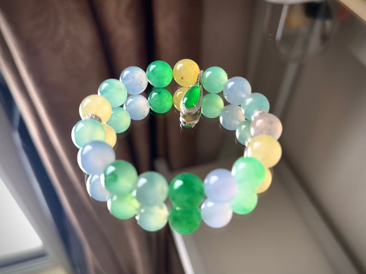 Natural Grade-A Jadeite Multicolor Beaded Bracelet with Green Jadeite Drop Pendant – Burmese Jade, 18K Gold Setting
