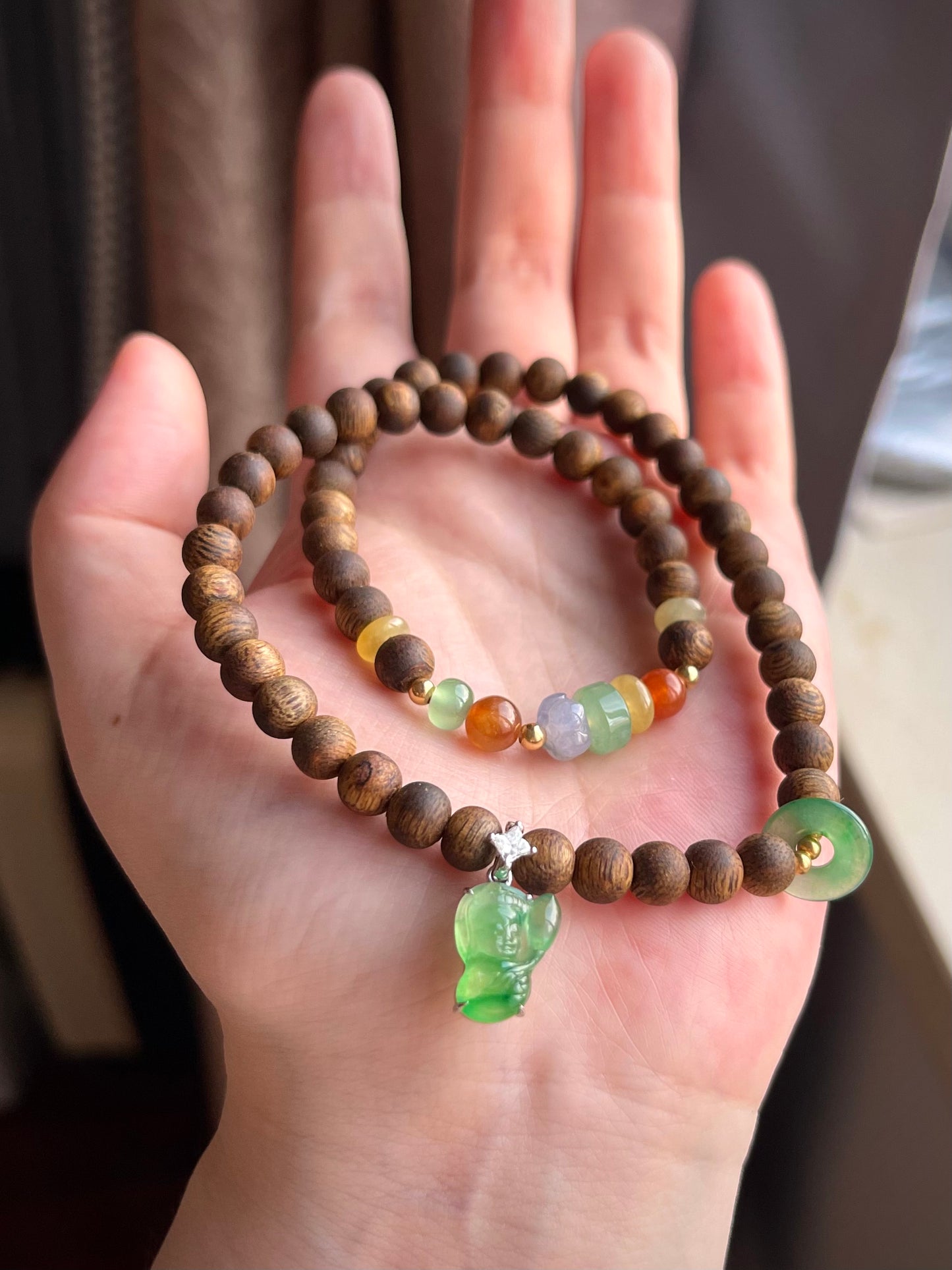 Natural Agarwood and Jadeite Beaded Bracelet – Burmese Jade Multicolor Beads with Green Buddha Pendant