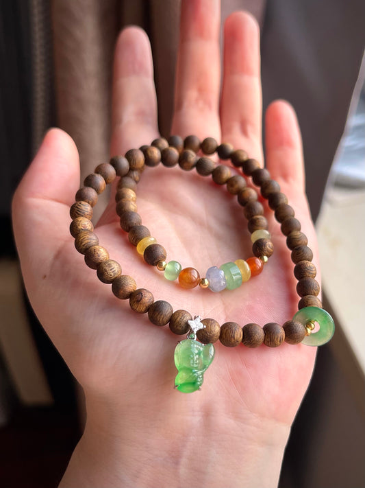 Natural Agarwood and Jadeite Beaded Bracelet – Burmese Jade Multicolor Beads with Green Buddha Pendant